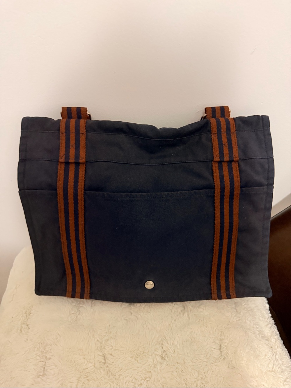 Hermes Navy Canvas Tote with Brown Stripe Handles crossbody